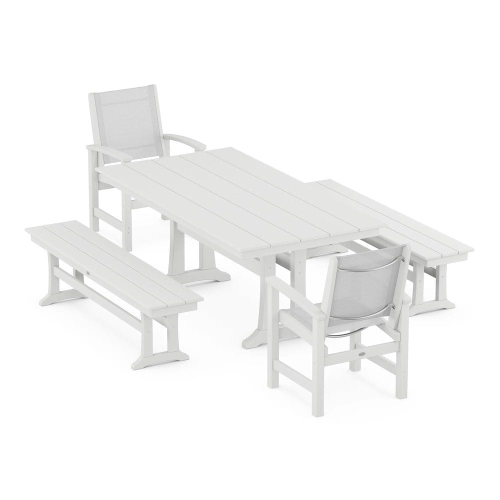 POLYWOOD® Outdoor Furniture White / White Sling POLYWOOD® - Coastal 5-Piece Farmhouse Dining Set with Trestle Legs and Benches - PWS1000
