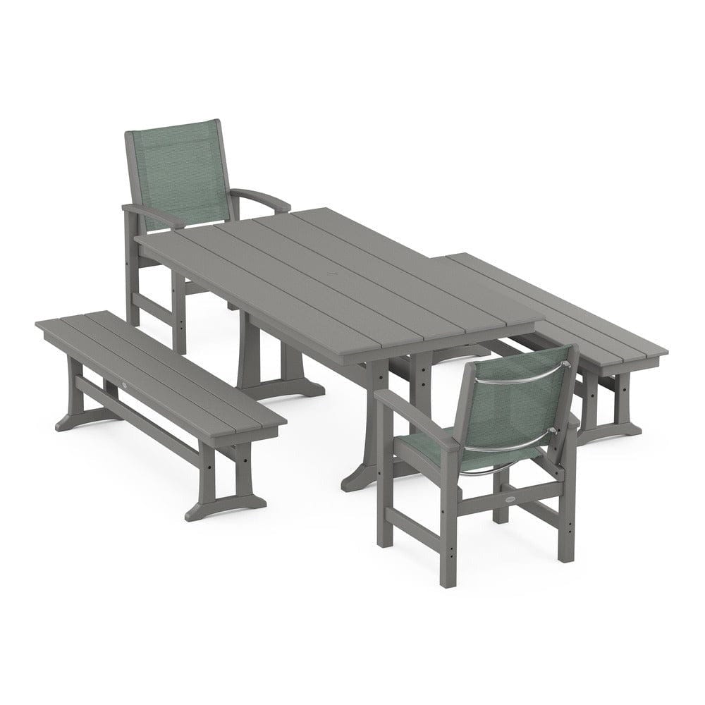 POLYWOOD® Outdoor Furniture Slate Grey / Dupioni Sea Mist Sling POLYWOOD® - Coastal 5-Piece Farmhouse Dining Set with Trestle Legs and Benches - PWS1000