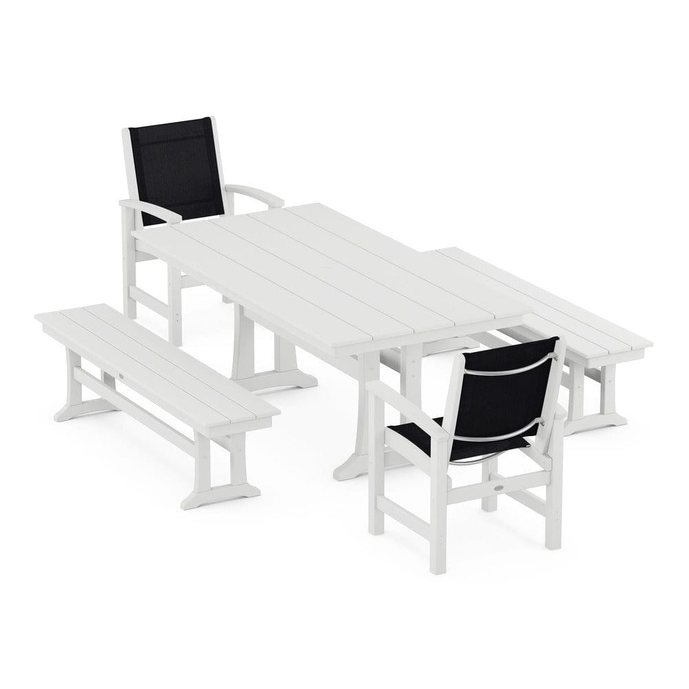 POLYWOOD® Outdoor Furniture White / Black Sling POLYWOOD® - Coastal 5-Piece Farmhouse Dining Set with Trestle Legs and Benches - PWS1000