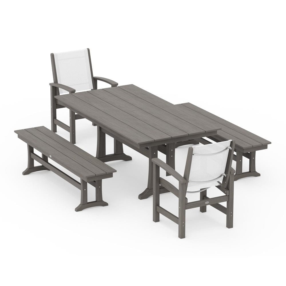 POLYWOOD® Outdoor Furniture POLYWOOD® - Coastal 5-Piece Farmhouse Dining Set with Trestle Legs and Benches - PWS1000
