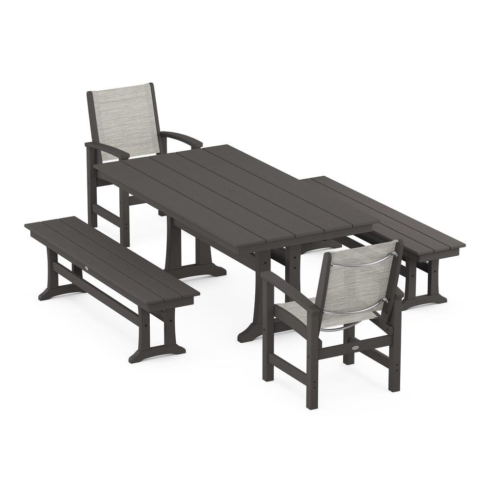 POLYWOOD® Outdoor Furniture Vintage Coffee / Birch Sling POLYWOOD® - Coastal 5-Piece Farmhouse Dining Set with Trestle Legs and Benches - PWS1000