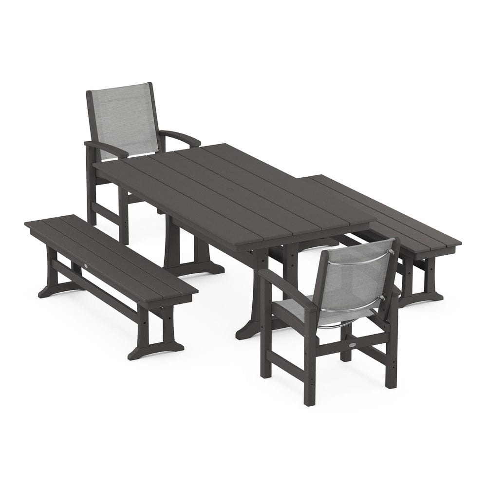 POLYWOOD® Outdoor Furniture Vintage Coffee / Metallic Sling POLYWOOD® - Coastal 5-Piece Farmhouse Dining Set with Trestle Legs and Benches - PWS1000