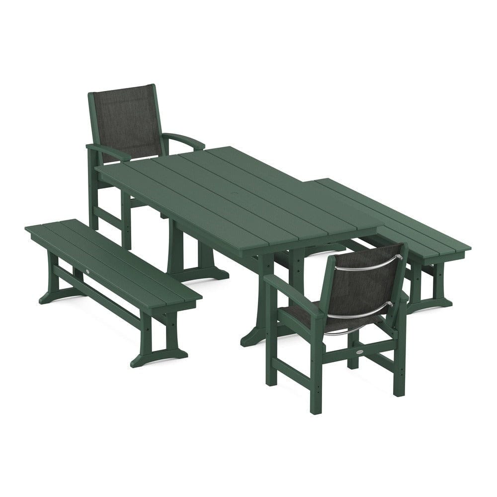 POLYWOOD® Outdoor Furniture Green / Ember Sling POLYWOOD® - Coastal 5-Piece Farmhouse Dining Set with Trestle Legs and Benches - PWS1000