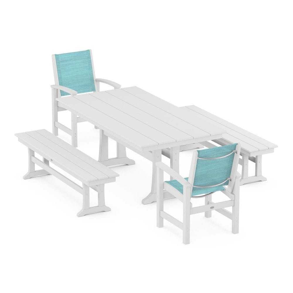 POLYWOOD® Outdoor Furniture White / Dupioni Aquamarine Sling POLYWOOD® - Coastal 5-Piece Farmhouse Dining Set with Trestle Legs and Benches - PWS1000