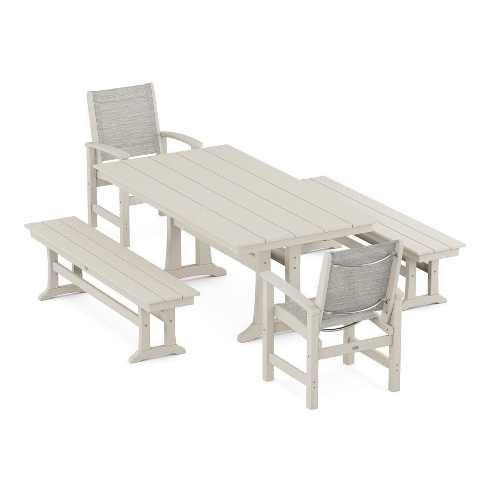 POLYWOOD® Outdoor Furniture Sand / Birch Sling POLYWOOD® - Coastal 5-Piece Farmhouse Dining Set with Trestle Legs and Benches - PWS1000