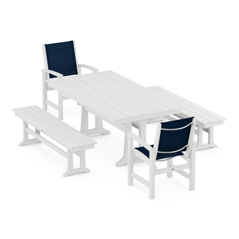 POLYWOOD® - Coastal 5-Piece Farmhouse Dining Set with Trestle Legs and Benches - PWS1000