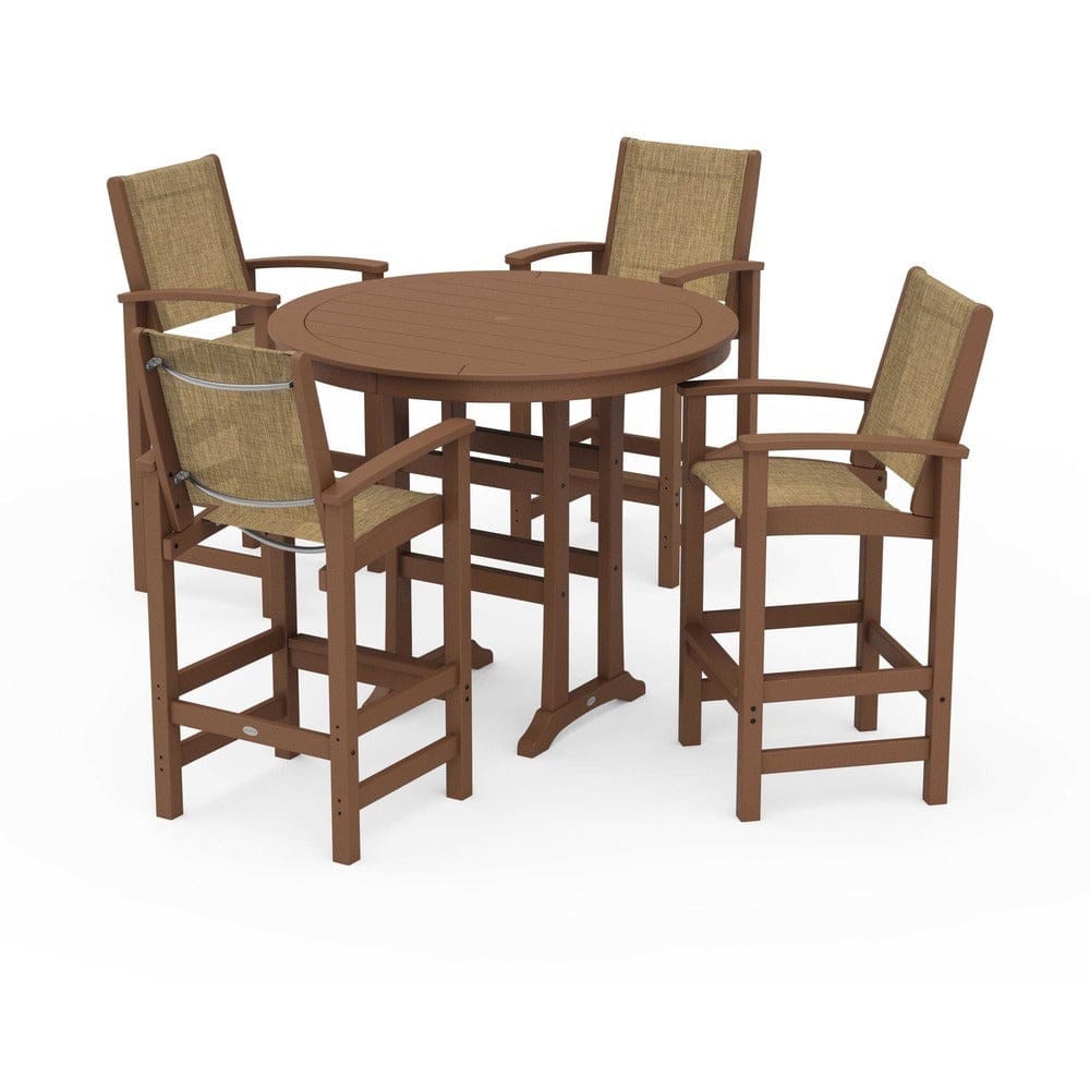 POLYWOOD® Outdoor Furniture Teak / Burlap Sling POLYWOOD® - Coastal 5-Piece Nautical Trestle Bar Set - PWS304