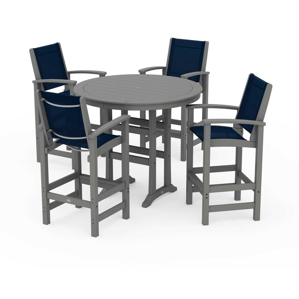 POLYWOOD® Outdoor Furniture Slate Grey / Navy Blue Sling POLYWOOD® - Coastal 5-Piece Nautical Trestle Bar Set - PWS304