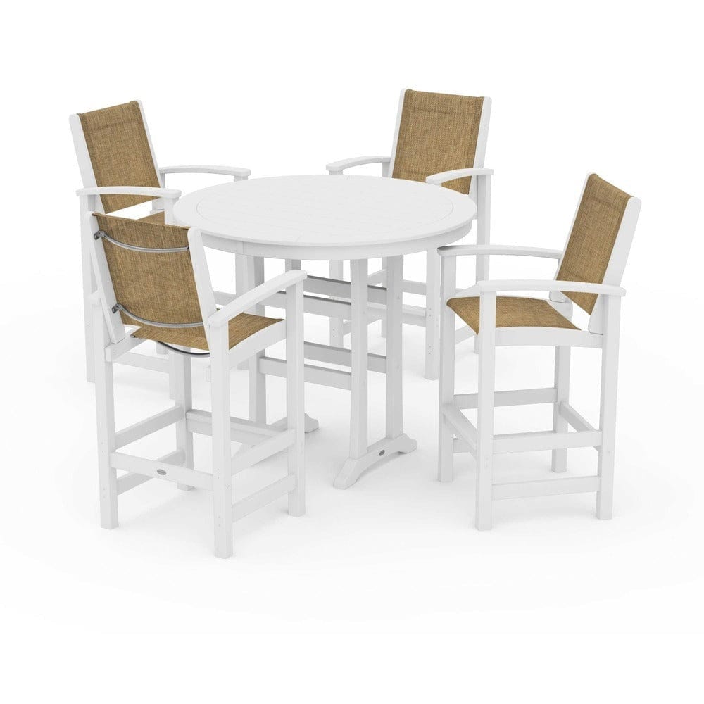 POLYWOOD® Outdoor Furniture White / Burlap Sling POLYWOOD® - Coastal 5-Piece Nautical Trestle Bar Set - PWS304