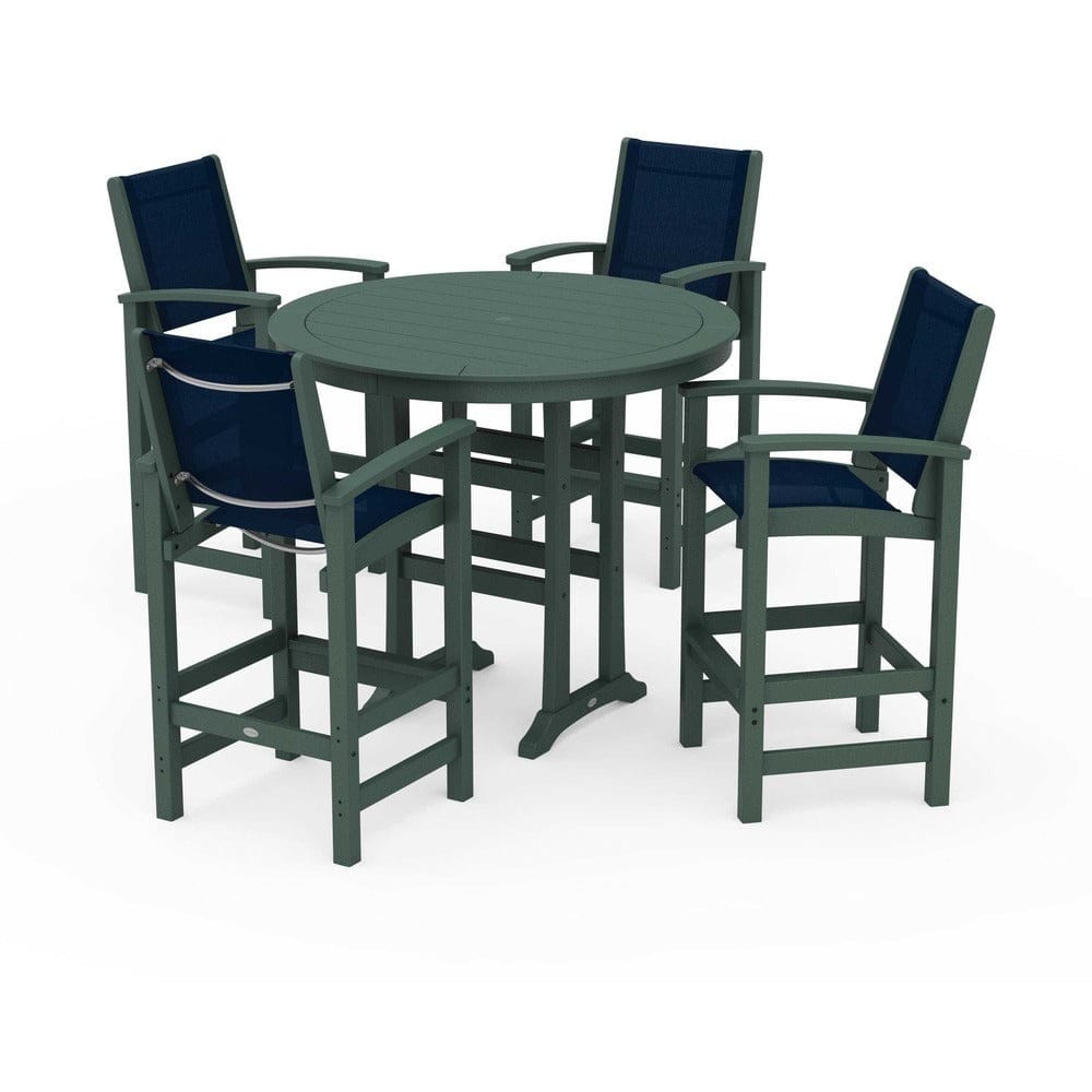 POLYWOOD® Outdoor Furniture Green / Navy Blue Sling POLYWOOD® - Coastal 5-Piece Nautical Trestle Bar Set - PWS304