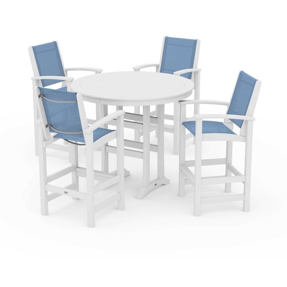 POLYWOOD® Outdoor Furniture White / Poolside Sling POLYWOOD® - Coastal 5-Piece Nautical Trestle Bar Set - PWS304