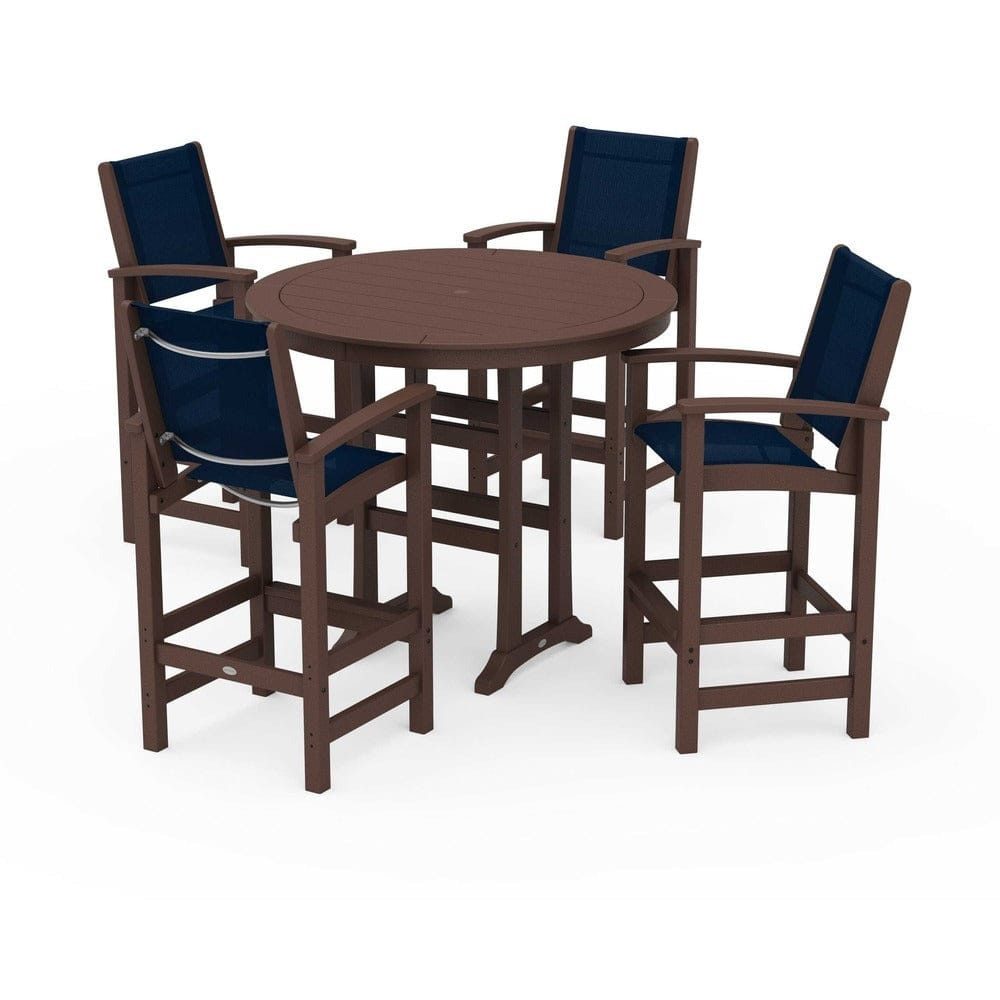 POLYWOOD® Outdoor Furniture Mahogany / Navy Blue Sling POLYWOOD® - Coastal 5-Piece Nautical Trestle Bar Set - PWS304