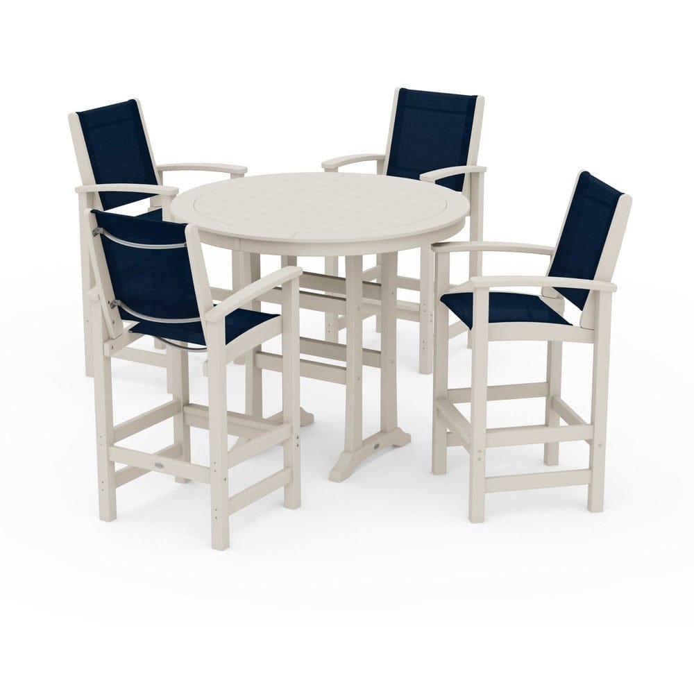 POLYWOOD® Outdoor Furniture Sand / Navy Blue Sling POLYWOOD® - Coastal 5-Piece Nautical Trestle Bar Set - PWS304