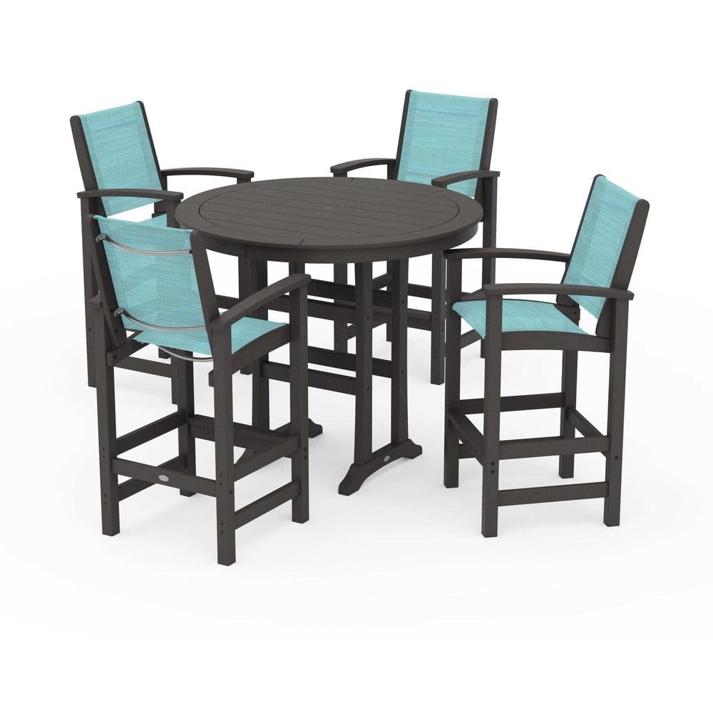POLYWOOD® Outdoor Furniture Vintage Coffee / Dupioni Aquamarine Sling POLYWOOD® - Coastal 5-Piece Nautical Trestle Bar Set - PWS304
