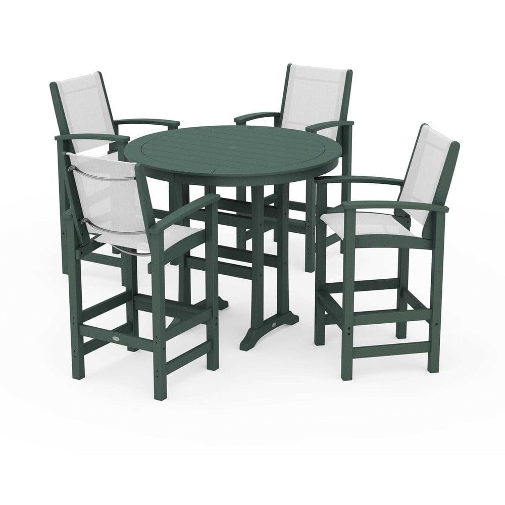 POLYWOOD® Outdoor Furniture Green / White Sling POLYWOOD® - Coastal 5-Piece Nautical Trestle Bar Set - PWS304