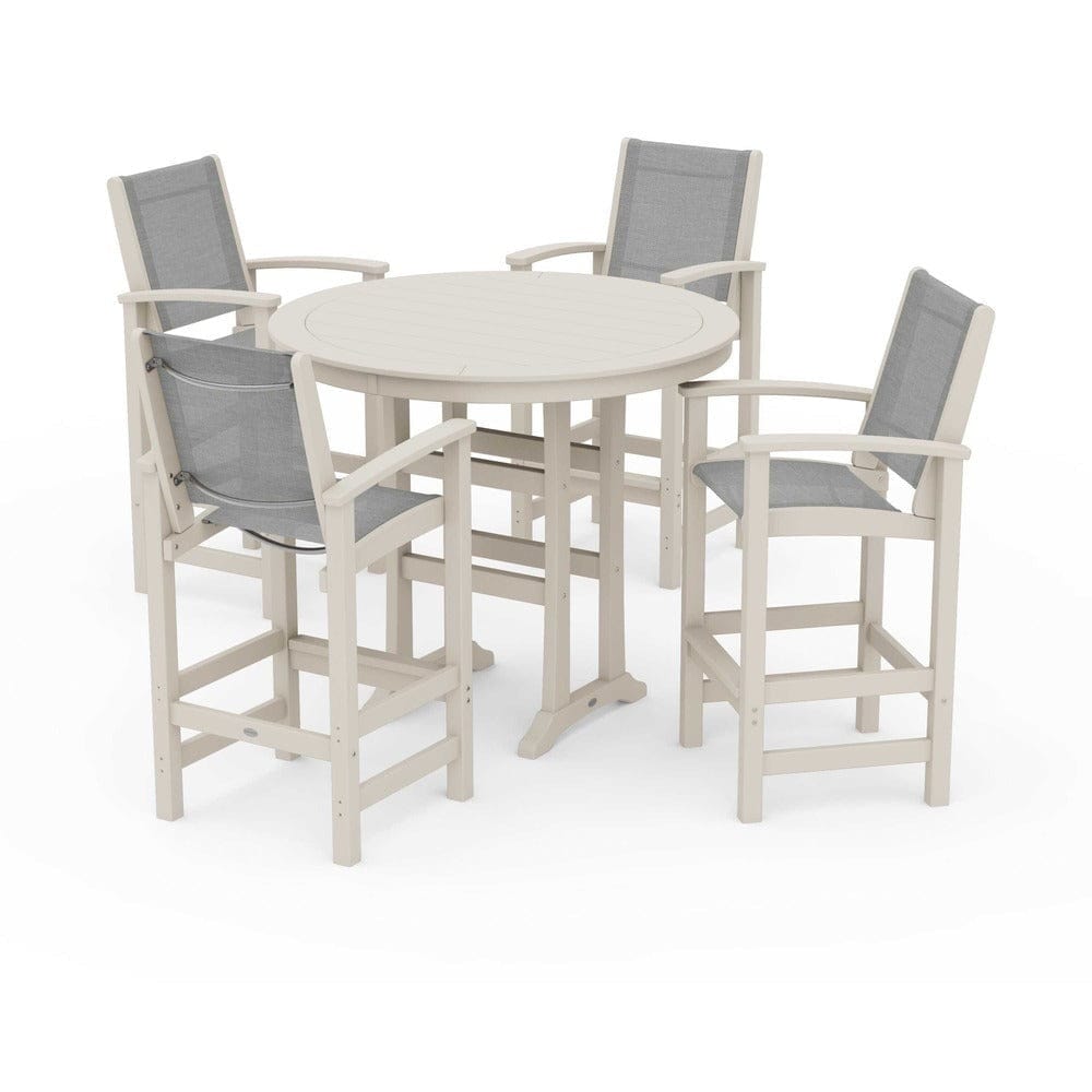 POLYWOOD® Outdoor Furniture Sand / Metallic Sling POLYWOOD® - Coastal 5-Piece Nautical Trestle Bar Set - PWS304