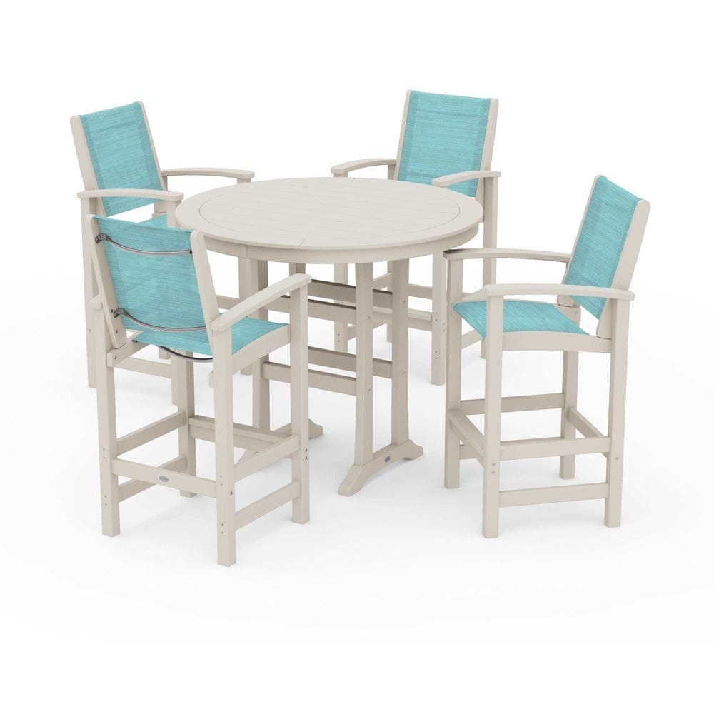 POLYWOOD® Outdoor Furniture Sand / Dupioni Aquamarine Sling POLYWOOD® - Coastal 5-Piece Nautical Trestle Bar Set - PWS304