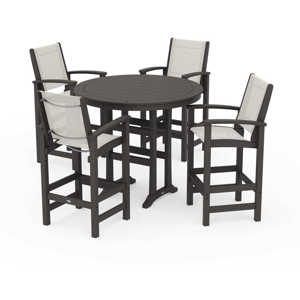 POLYWOOD® Outdoor Furniture Vintage Coffee / Parchment Sling POLYWOOD® - Coastal 5-Piece Nautical Trestle Bar Set - PWS304