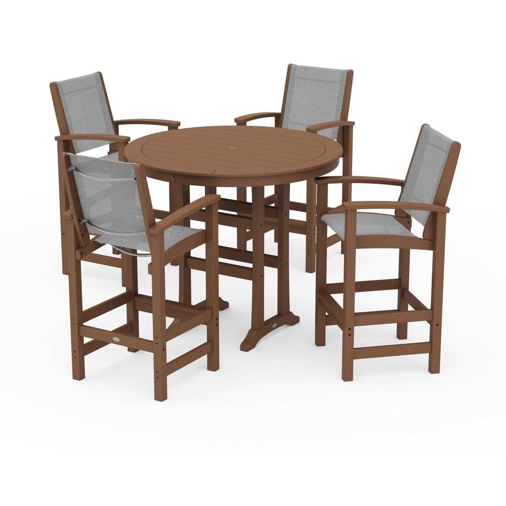 POLYWOOD® Outdoor Furniture Teak / Metallic Sling POLYWOOD® - Coastal 5-Piece Nautical Trestle Bar Set - PWS304