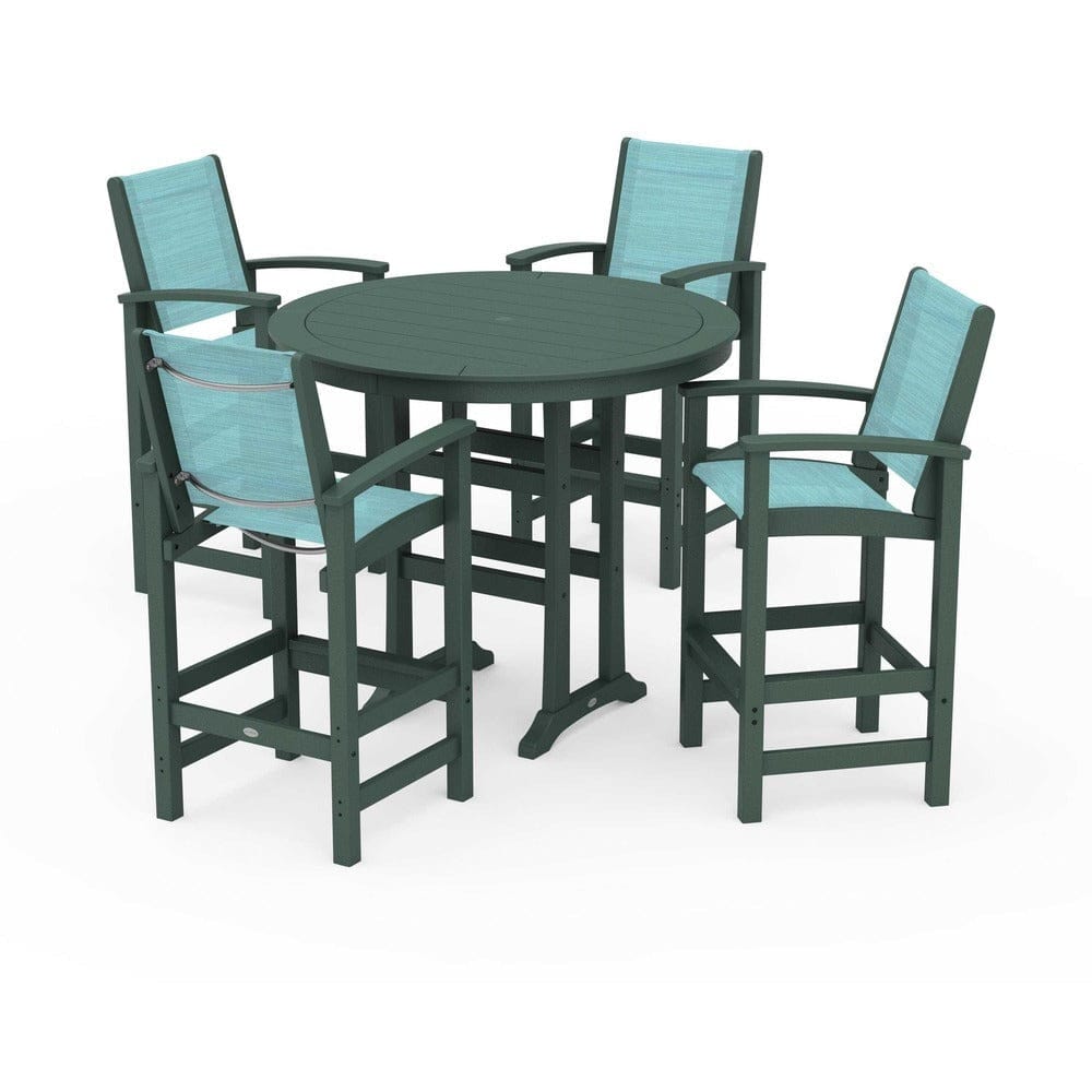 POLYWOOD® Outdoor Furniture Green / Dupioni Aquamarine Sling POLYWOOD® - Coastal 5-Piece Nautical Trestle Bar Set - PWS304