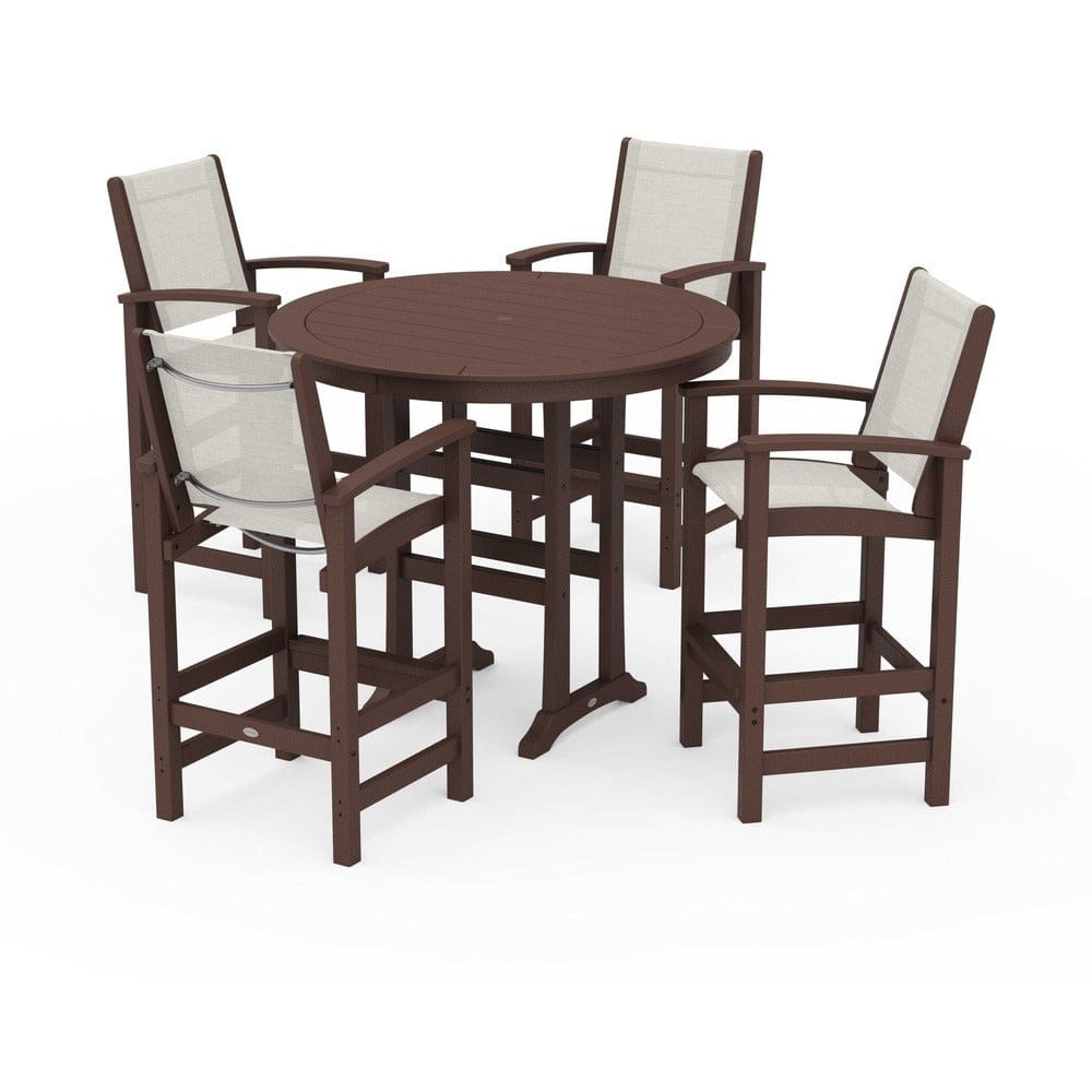 POLYWOOD® Outdoor Furniture Mahogany / Parchment Sling POLYWOOD® - Coastal 5-Piece Nautical Trestle Bar Set - PWS304