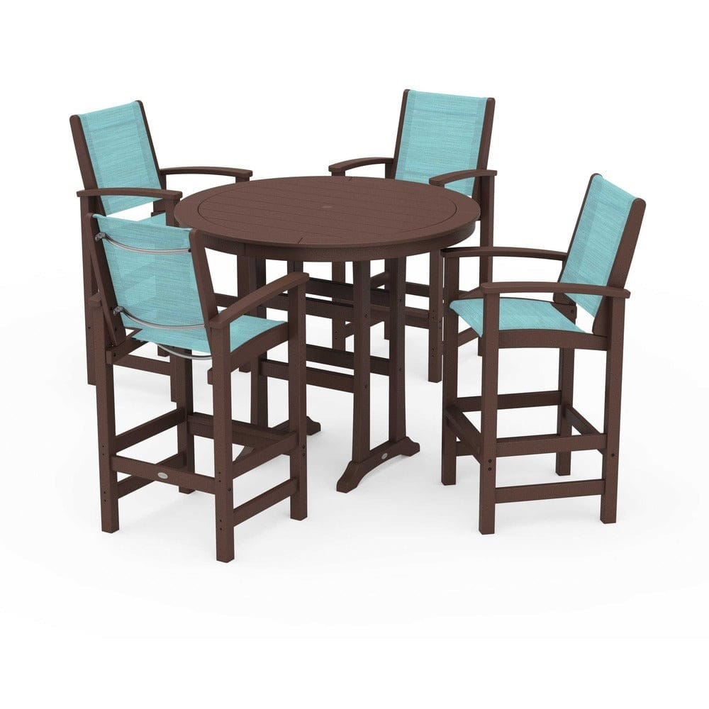POLYWOOD® Outdoor Furniture Mahogany / Dupioni Aquamarine Sling POLYWOOD® - Coastal 5-Piece Nautical Trestle Bar Set - PWS304