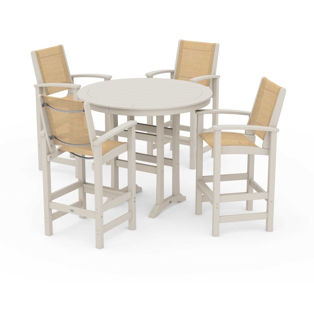POLYWOOD® Outdoor Furniture Sand / Dupioni Apricot Sling POLYWOOD® - Coastal 5-Piece Nautical Trestle Bar Set - PWS304