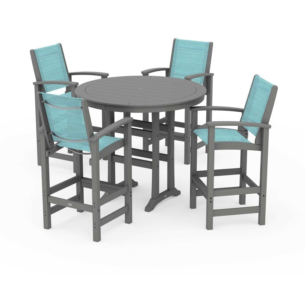 POLYWOOD® Outdoor Furniture Slate Grey / Dupioni Aquamarine Sling POLYWOOD® - Coastal 5-Piece Nautical Trestle Bar Set - PWS304
