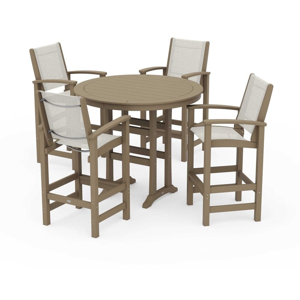 POLYWOOD® Outdoor Furniture Vintage Sahara / Parchment Sling POLYWOOD® - Coastal 5-Piece Nautical Trestle Bar Set - PWS304