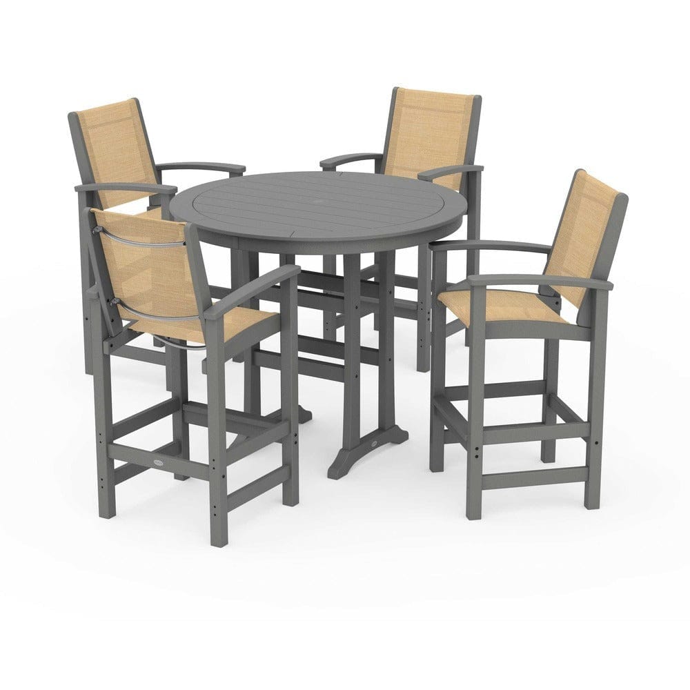 POLYWOOD® Outdoor Furniture Slate Grey / Dupioni Apricot Sling POLYWOOD® - Coastal 5-Piece Nautical Trestle Bar Set - PWS304