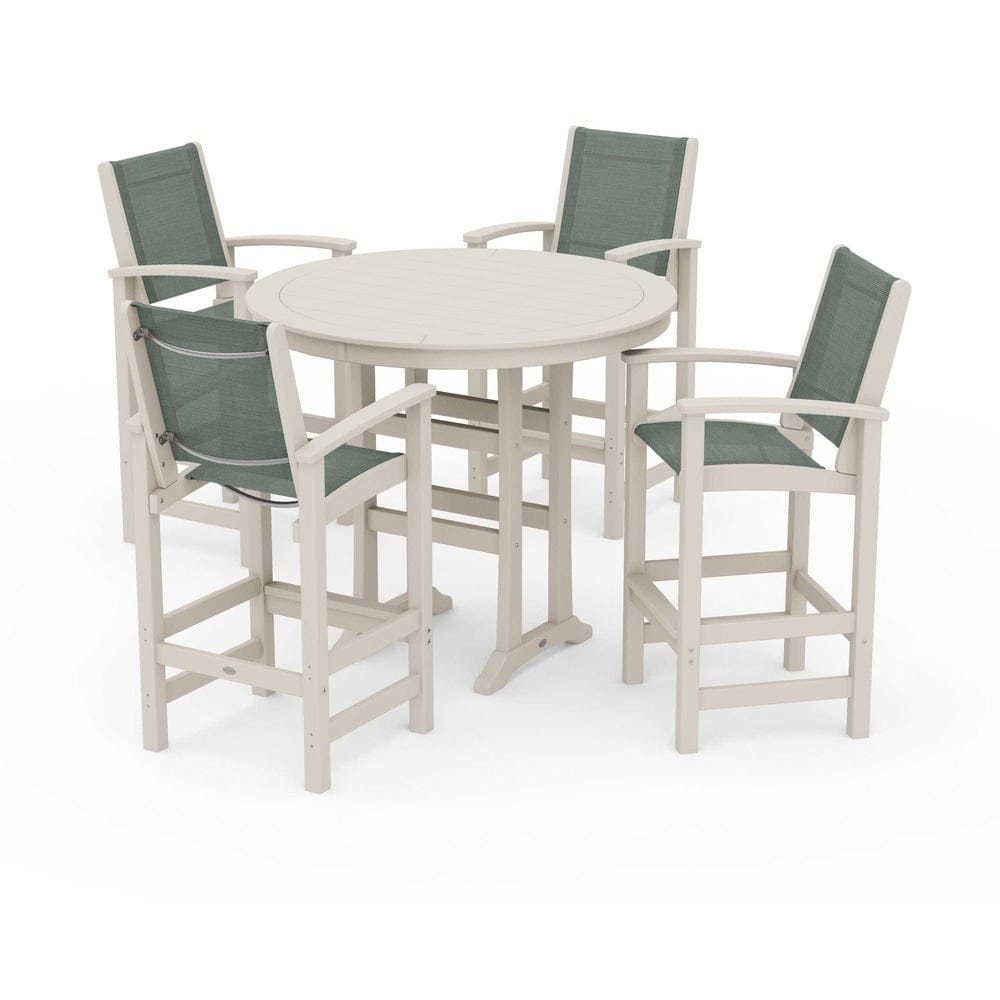 POLYWOOD® Outdoor Furniture Sand / Dupioni Sea Mist Sling POLYWOOD® - Coastal 5-Piece Nautical Trestle Bar Set - PWS304