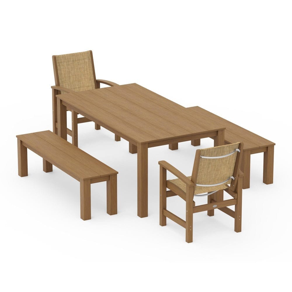 POLYWOOD® Outdoor Furniture Natural / Burlap Sling POLYWOOD® - Coastal 5-Piece Parsons Dining Set with Benches - PWS2277