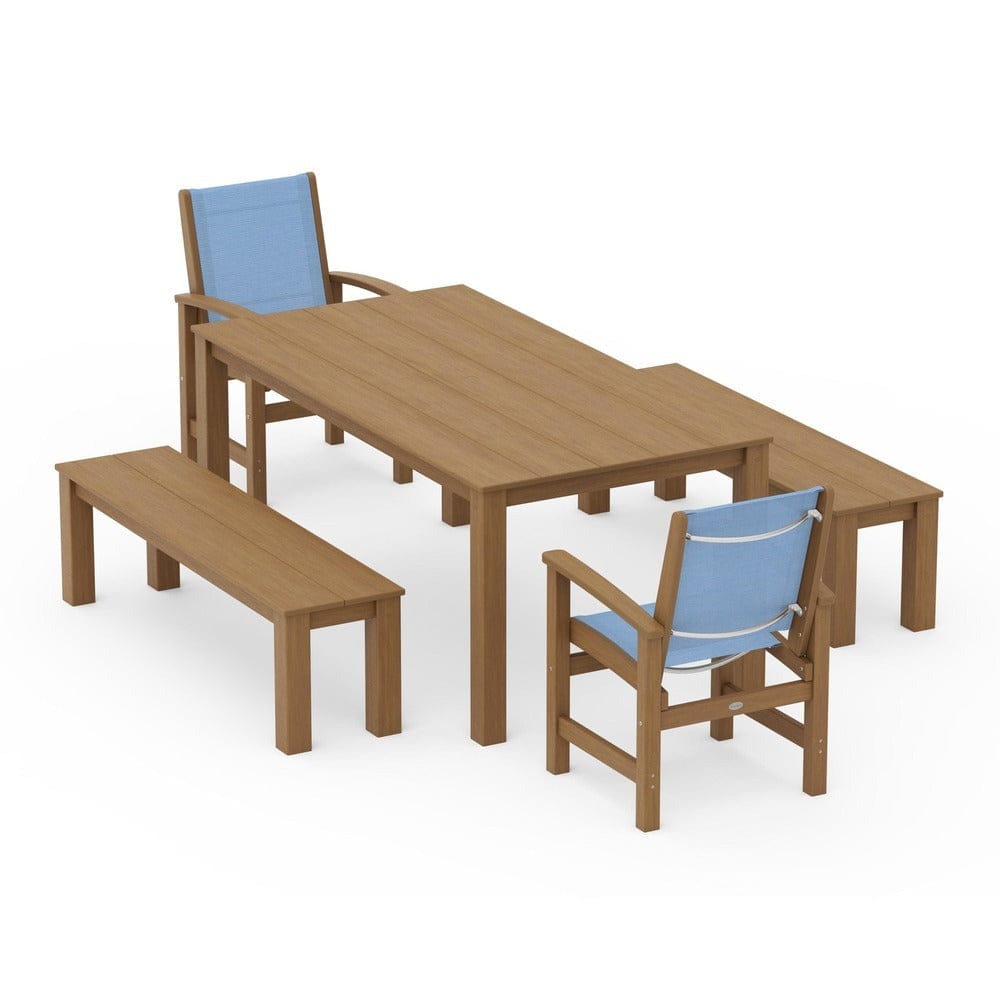 POLYWOOD® Outdoor Furniture Natural / Poolside Sling POLYWOOD® - Coastal 5-Piece Parsons Dining Set with Benches - PWS2277