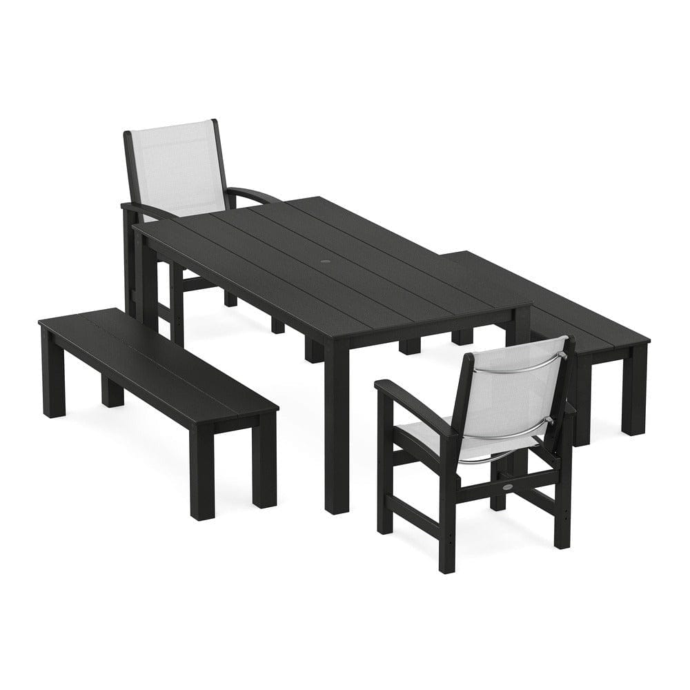 POLYWOOD® Outdoor Furniture Black / White Sling POLYWOOD® - Coastal 5-Piece Parsons Dining Set with Benches - PWS2277