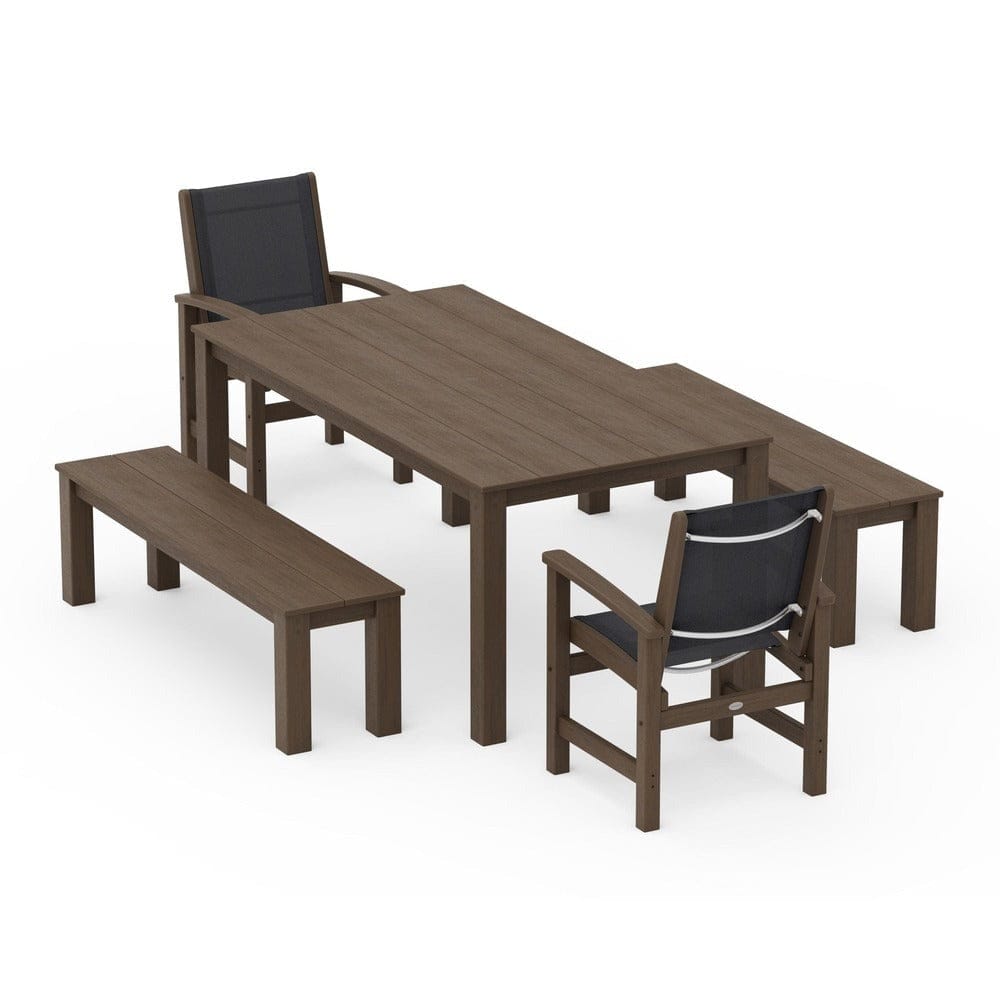 POLYWOOD® Outdoor Furniture POLYWOOD® - Coastal 5-Piece Parsons Dining Set with Benches - PWS2277
