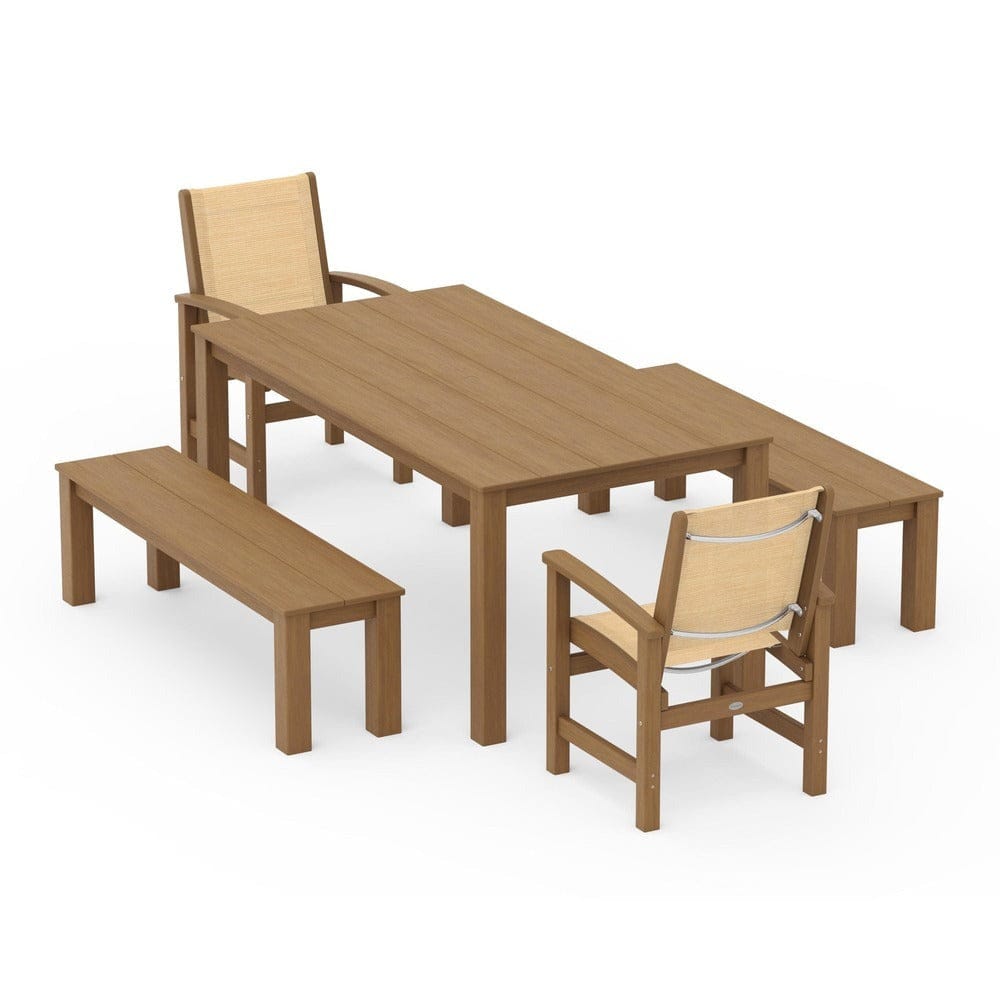 POLYWOOD® Outdoor Furniture Natural / Dupioni Apricot Sling POLYWOOD® - Coastal 5-Piece Parsons Dining Set with Benches - PWS2277
