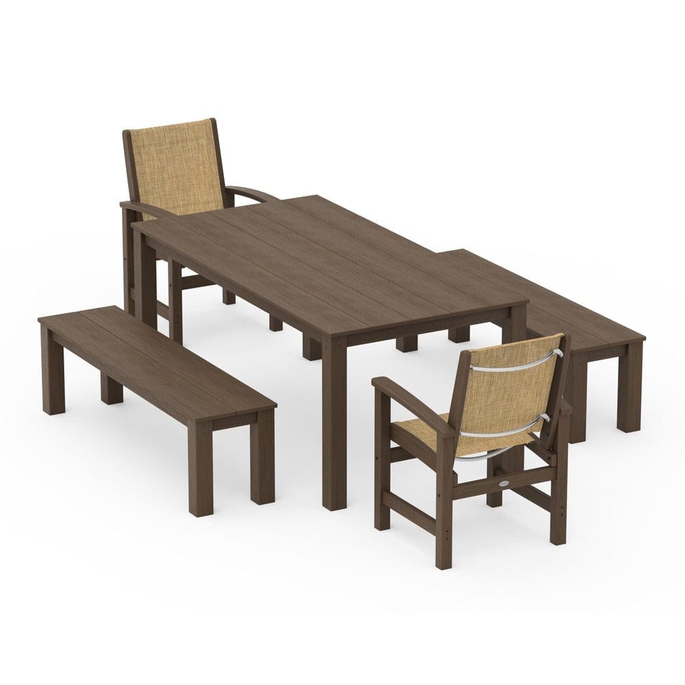 POLYWOOD® Outdoor Furniture POLYWOOD® - Coastal 5-Piece Parsons Dining Set with Benches - PWS2277