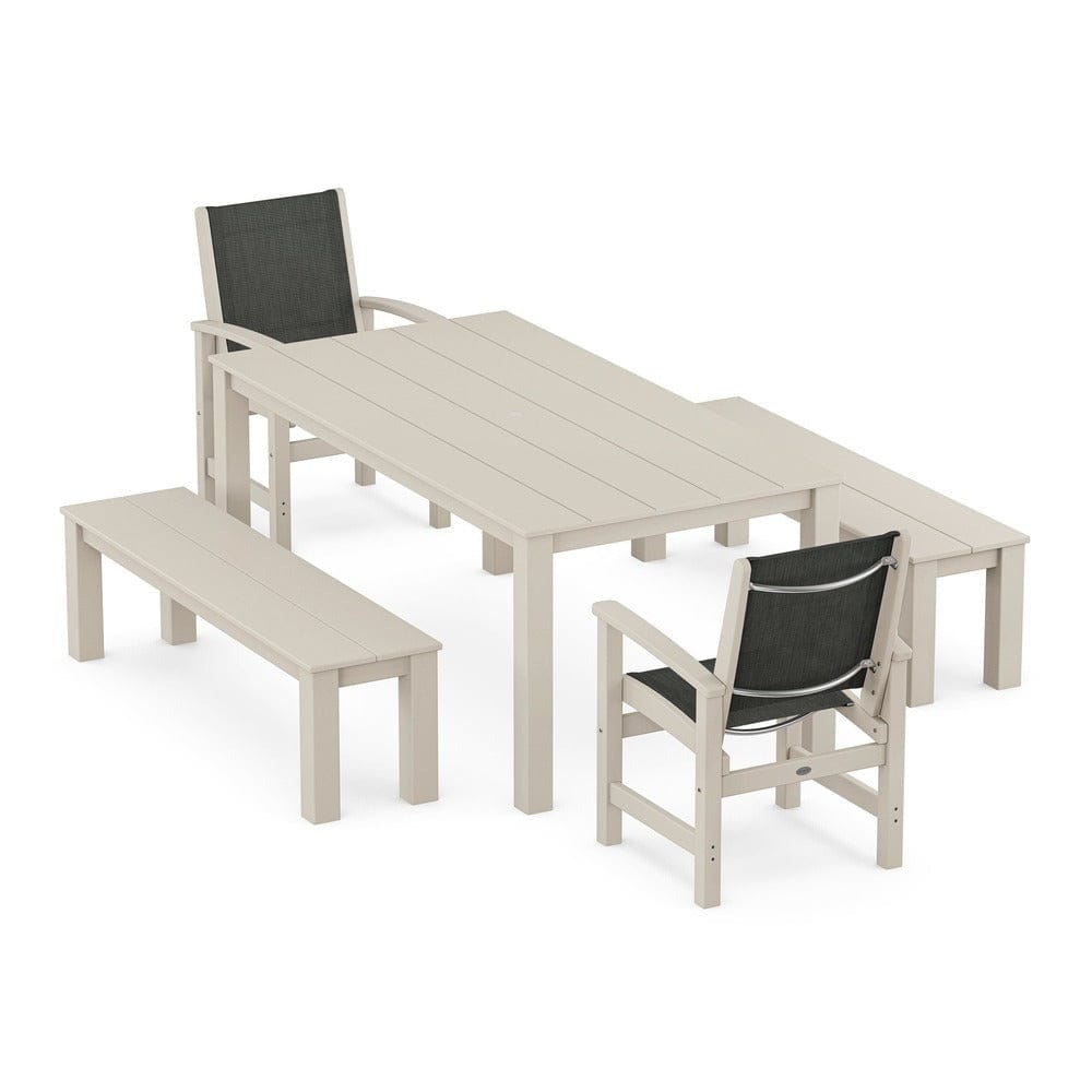 POLYWOOD® Outdoor Furniture Sand / Ember Sling POLYWOOD® - Coastal 5-Piece Parsons Dining Set with Benches - PWS2277