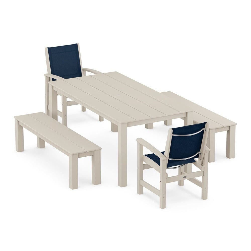 POLYWOOD® Outdoor Furniture Sand / Navy Blue Sling POLYWOOD® - Coastal 5-Piece Parsons Dining Set with Benches - PWS2277
