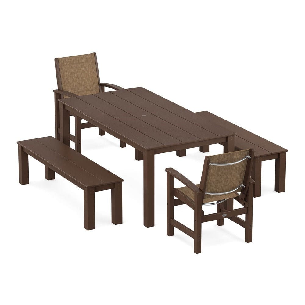 POLYWOOD® Outdoor Furniture Mahogany / Burlap Sling POLYWOOD® - Coastal 5-Piece Parsons Dining Set with Benches - PWS2277