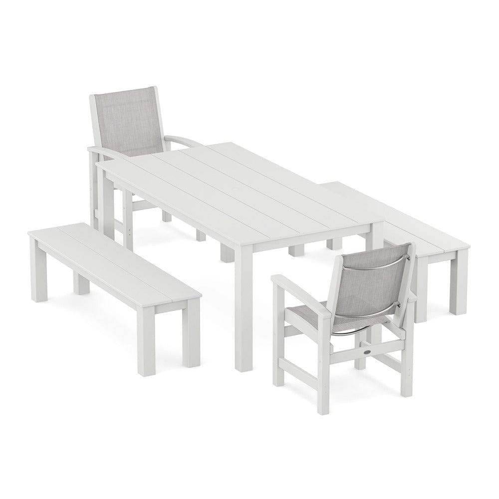 POLYWOOD® Outdoor Furniture White / Parchment Sling POLYWOOD® - Coastal 5-Piece Parsons Dining Set with Benches - PWS2277