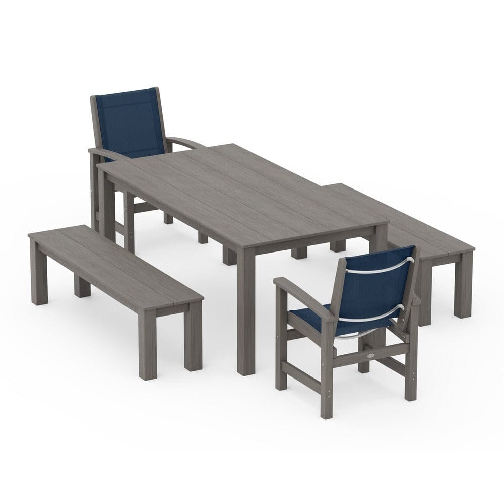 POLYWOOD® Outdoor Furniture POLYWOOD® - Coastal 5-Piece Parsons Dining Set with Benches - PWS2277