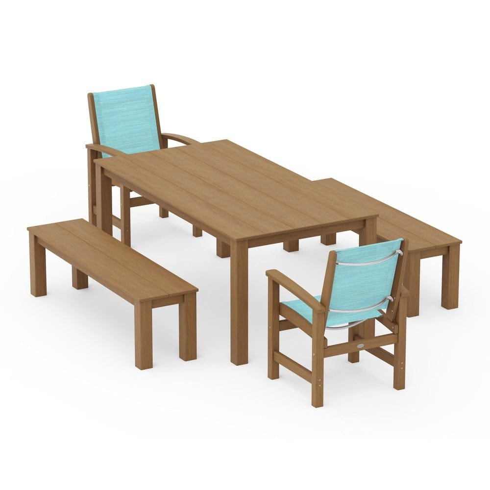 POLYWOOD® Outdoor Furniture Natural / Dupioni Aquamarine Sling POLYWOOD® - Coastal 5-Piece Parsons Dining Set with Benches - PWS2277