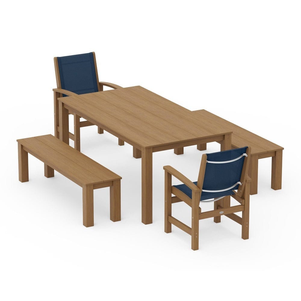 POLYWOOD® Outdoor Furniture Natural / Navy Blue Sling POLYWOOD® - Coastal 5-Piece Parsons Dining Set with Benches - PWS2277
