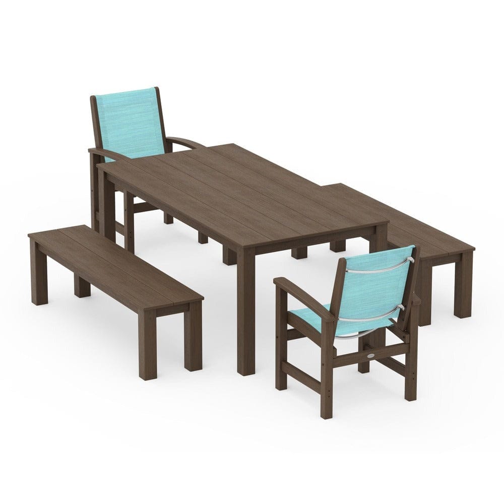 POLYWOOD® Outdoor Furniture POLYWOOD® - Coastal 5-Piece Parsons Dining Set with Benches - PWS2277