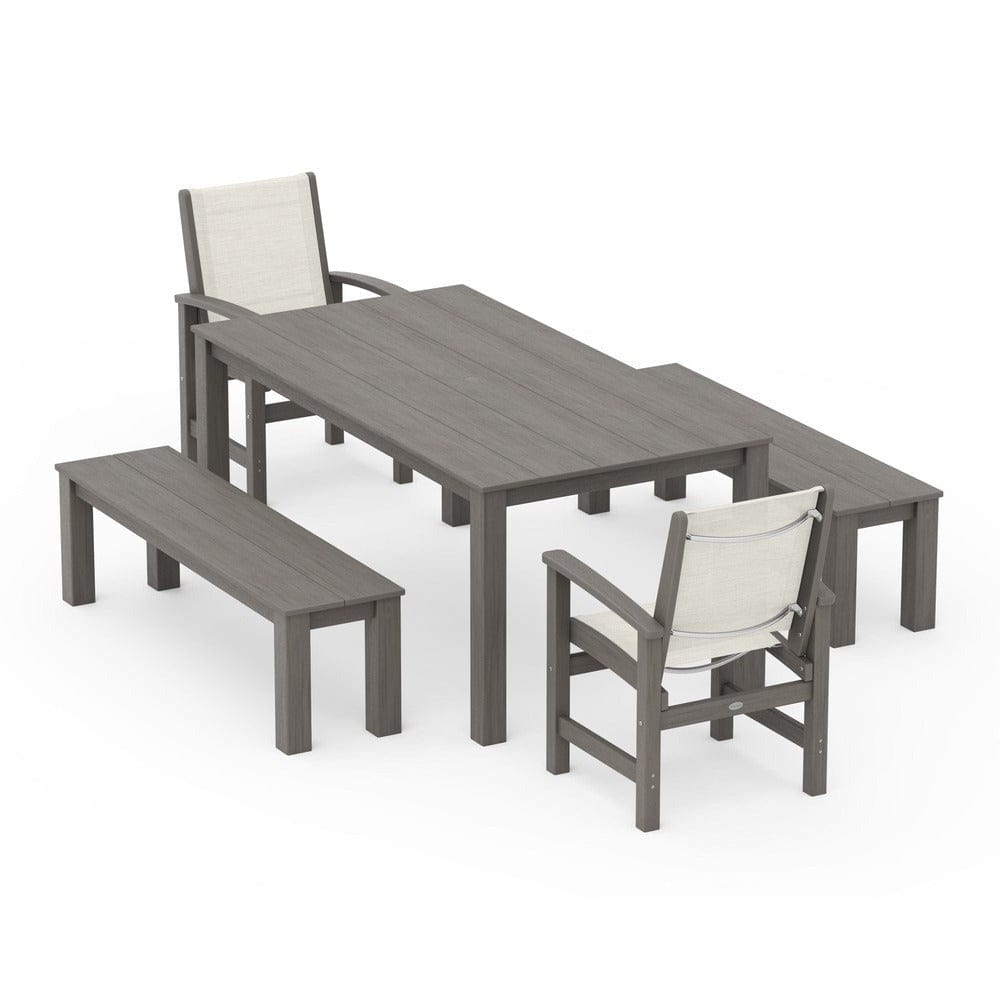 POLYWOOD® Outdoor Furniture Driftwood / Parchment Sling POLYWOOD® - Coastal 5-Piece Parsons Dining Set with Benches - PWS2277