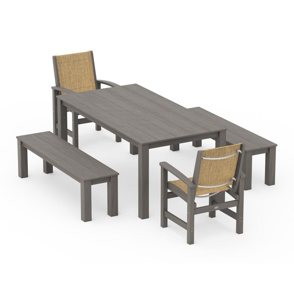 POLYWOOD® Outdoor Furniture POLYWOOD® - Coastal 5-Piece Parsons Dining Set with Benches - PWS2277