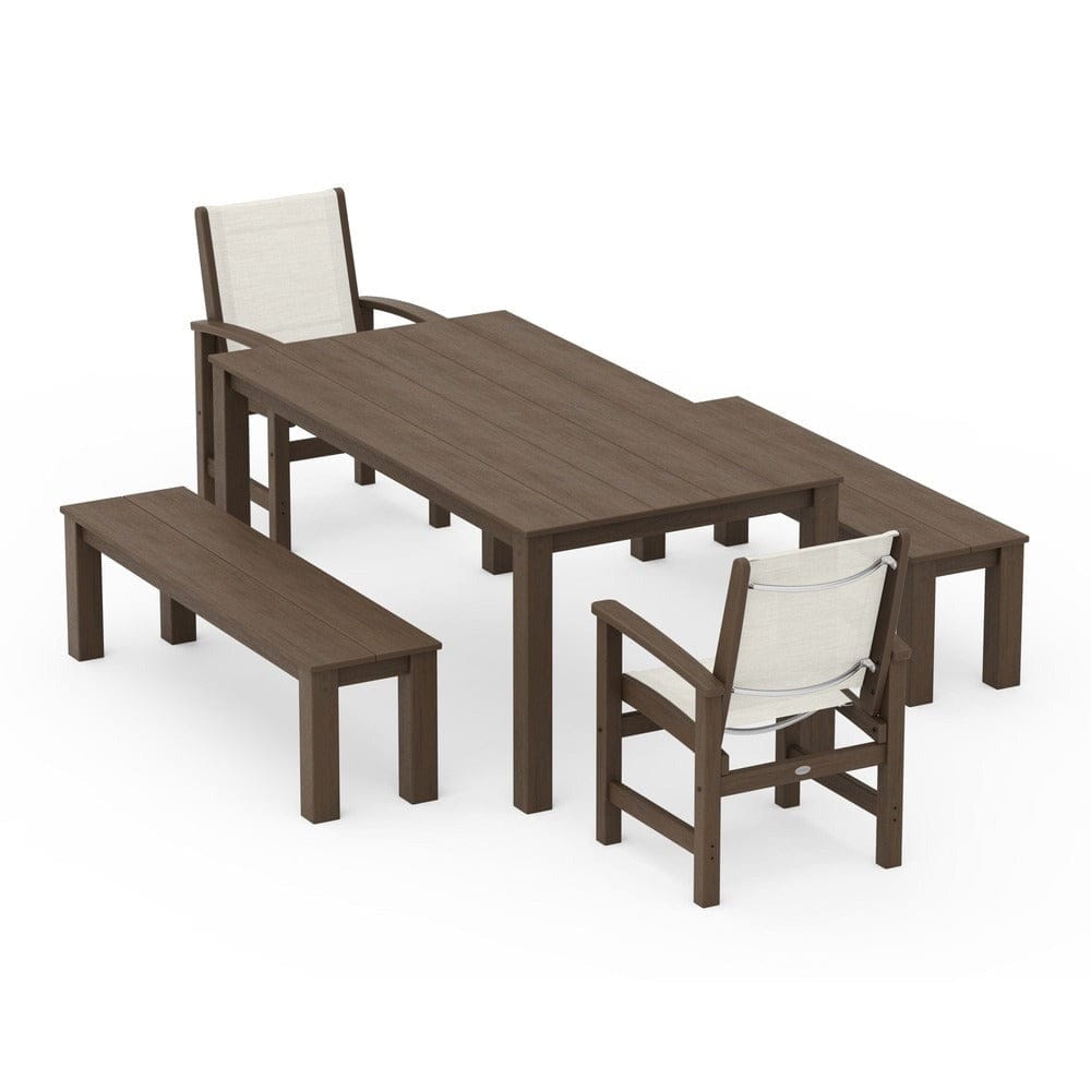POLYWOOD® Outdoor Furniture POLYWOOD® - Coastal 5-Piece Parsons Dining Set with Benches - PWS2277