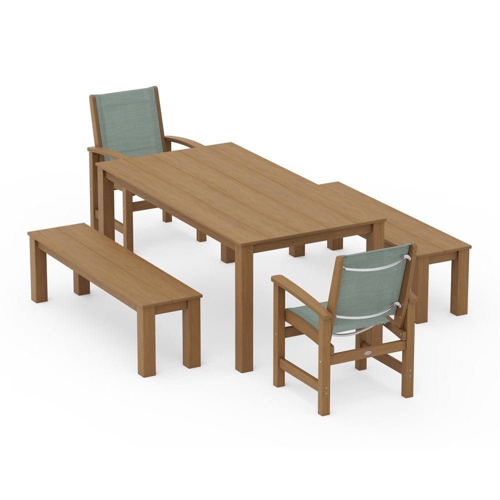 POLYWOOD® Outdoor Furniture Natural / Dupioni Sea Mist Sling POLYWOOD® - Coastal 5-Piece Parsons Dining Set with Benches - PWS2277