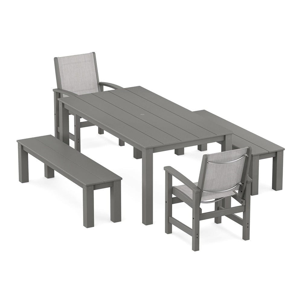 POLYWOOD® Outdoor Furniture Slate Grey / Parchment Sling POLYWOOD® - Coastal 5-Piece Parsons Dining Set with Benches - PWS2277